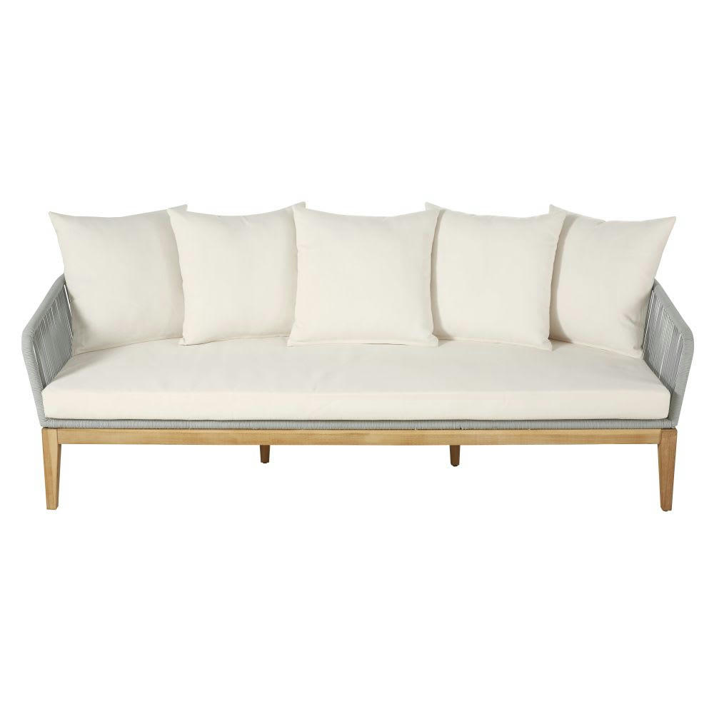 Vera Cruz - Canapé de jardin 3 places en corde tressée grise et toile blanche recyclée