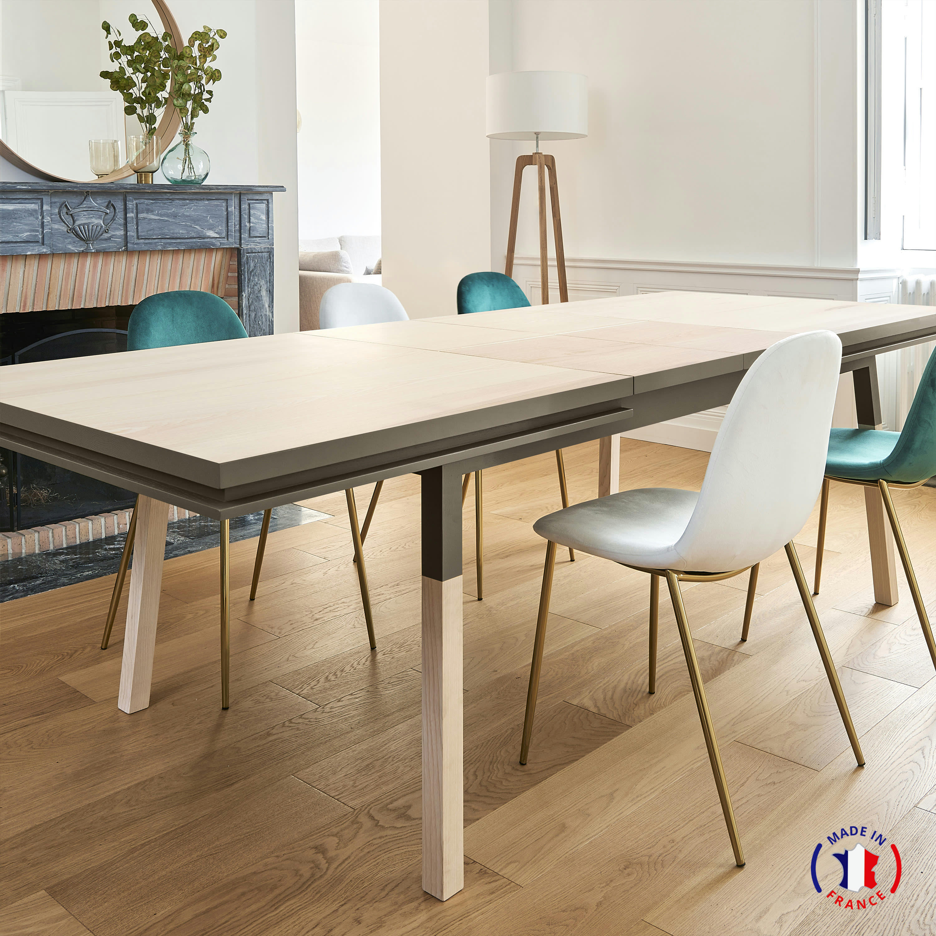 EGEE - Table 220x120 cm en frêne massif, 2 rallonges gris chocolat tanis