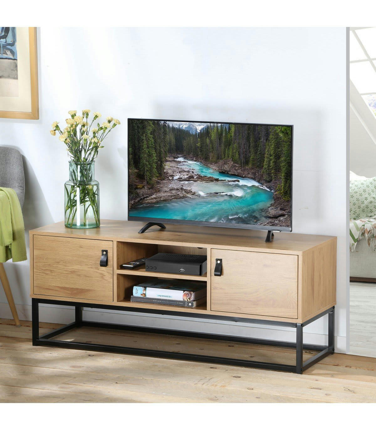 JILL - Meuble TV Décor Chêne 2 Portes 2 Niches L120 cm - JILL