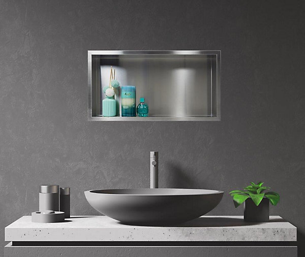 Balneo Niche murale de douche 60x30x7cm, étagère encastrable douche acier inox, finition brossée, WALL-BOX ONE