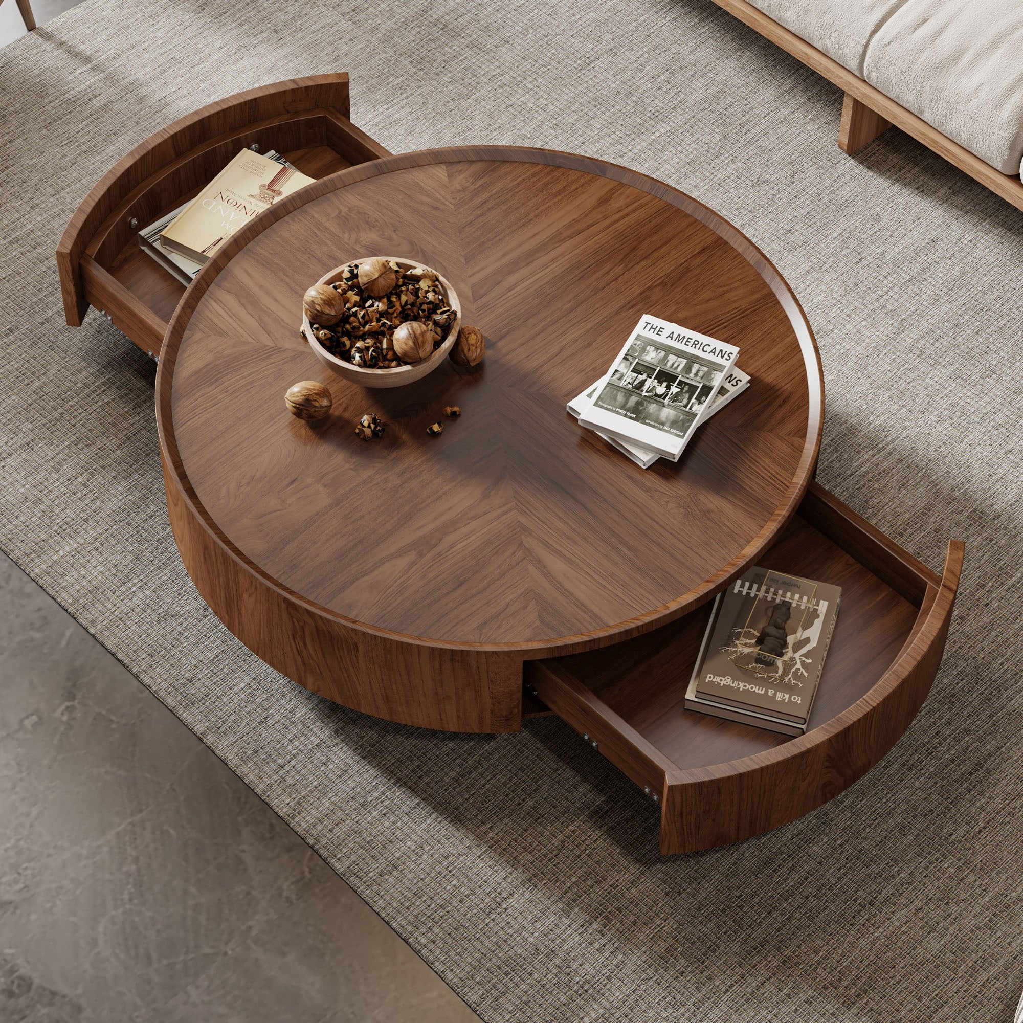 Mid-Century Modern Round Walnut Wood Coffee Table for Small Spaces & Apartments