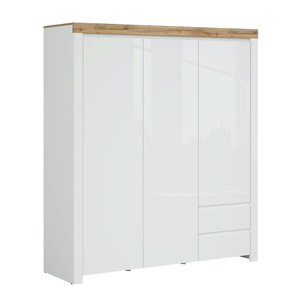 - Armoire 3 portes 2 tiroirs blanc et naturel