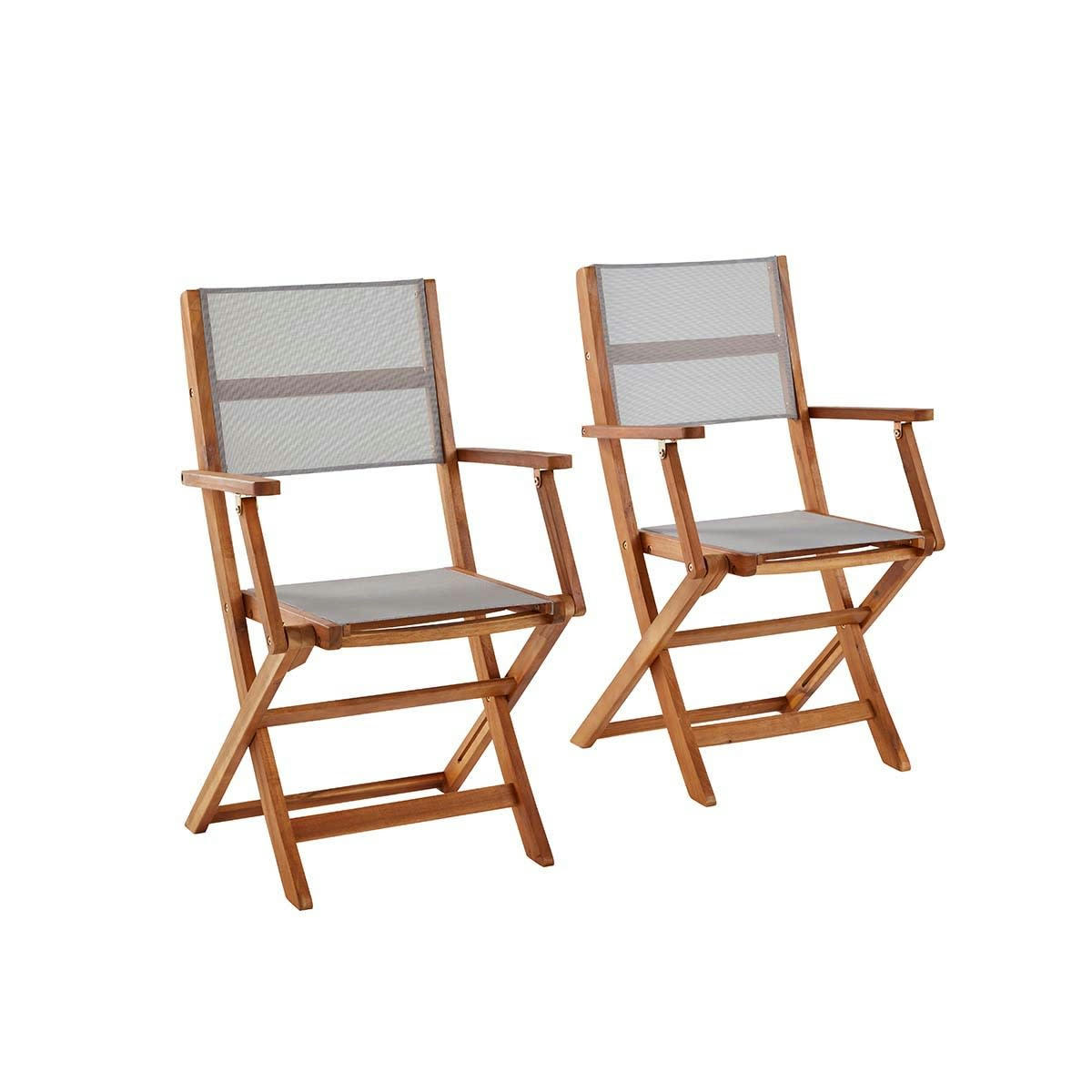 HANOÏ - 2 fauteuils de jardin en acacia massif et textilène gris