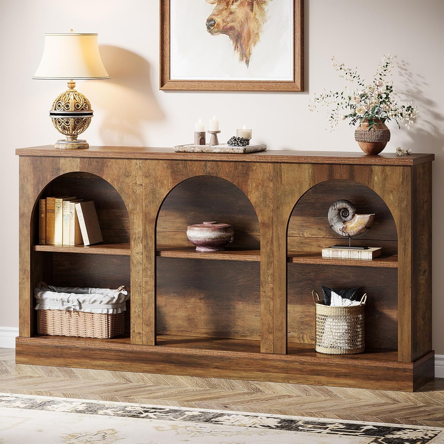 Tribesigns Farmhouse Console Table, 63-Inch Long Entryway Table with 3 Tier Storage, Wooden Rectangular Sofa Table Behind The Couch for Entrance, Hallway, Living Room, Brown | Entryway Table, 3 Tier Storage, Rectangular, Sofa Table, Behind The Couch,