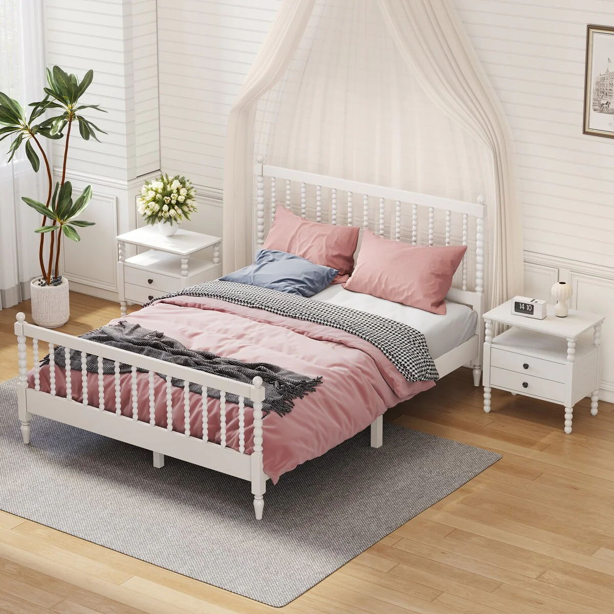 Queen Size Platform Bed with Gourd Shaped Headboard and 2 Nightstands