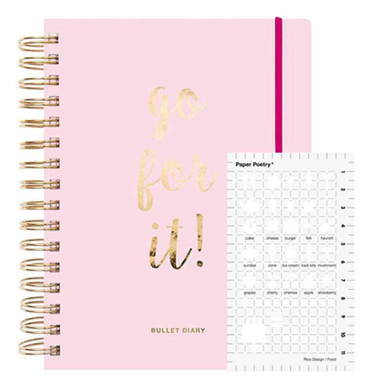 BULLET - Agenda bullet journal rose à spirales 96 feuilles avec pochoir food