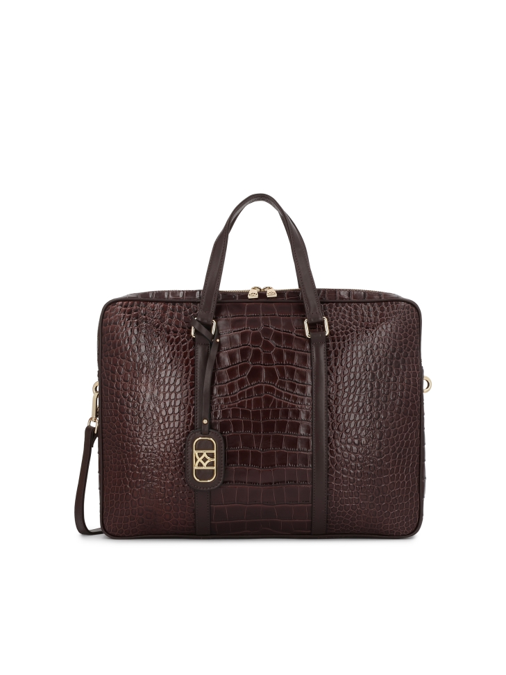 Embossed brown leather laptop bag