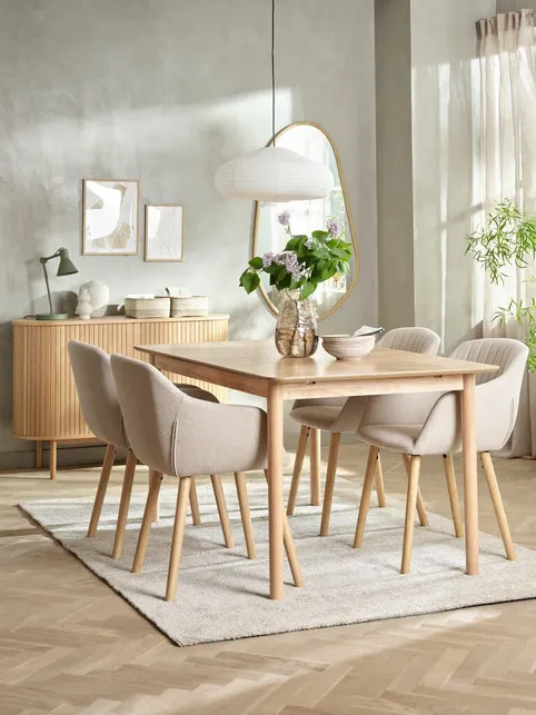 NORDENSKOV L160/240 bord natur eg + 4 ADSLEV stole beige
