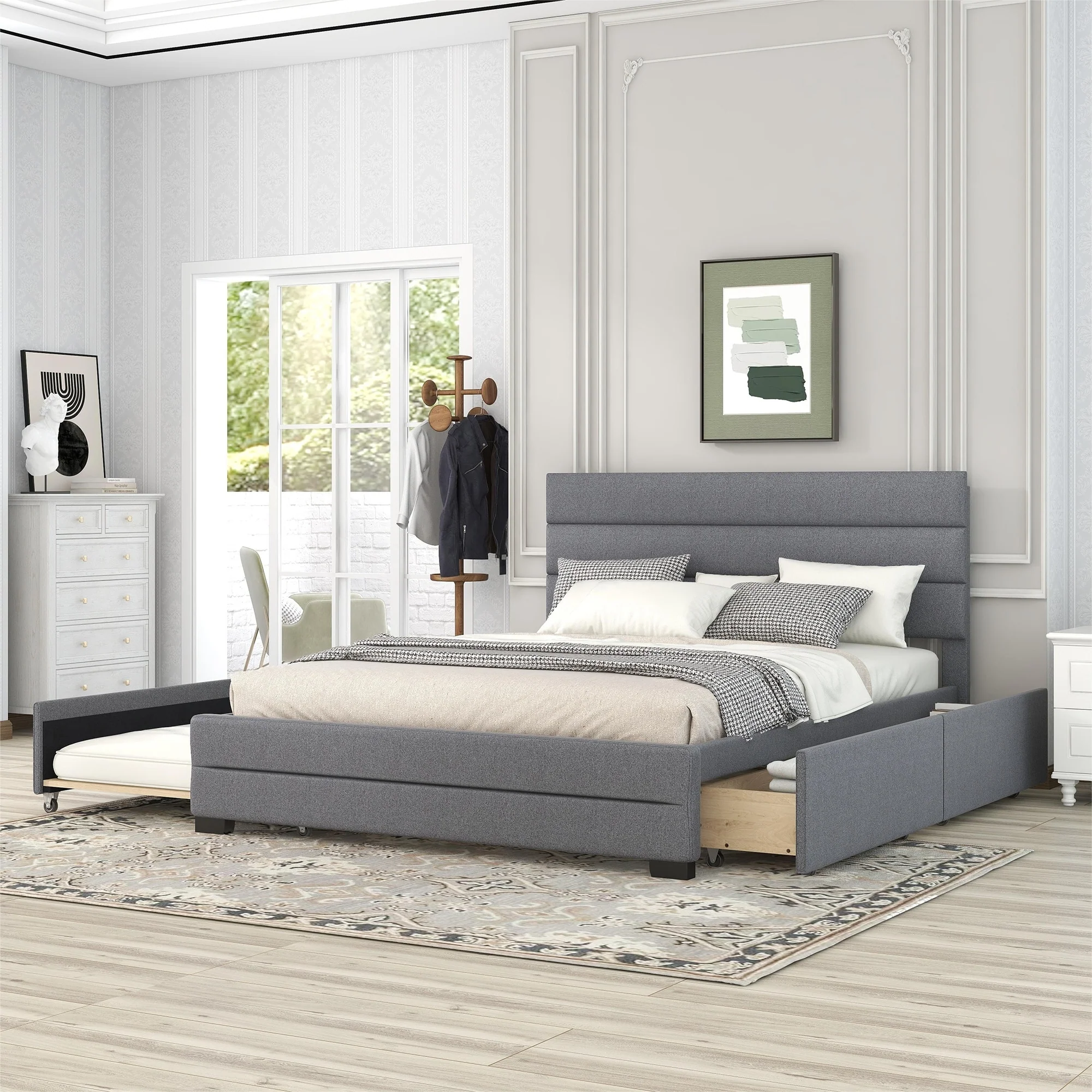Queen Upholstered Bed with Storage and Twin Trundle for Extra Sleeping Space