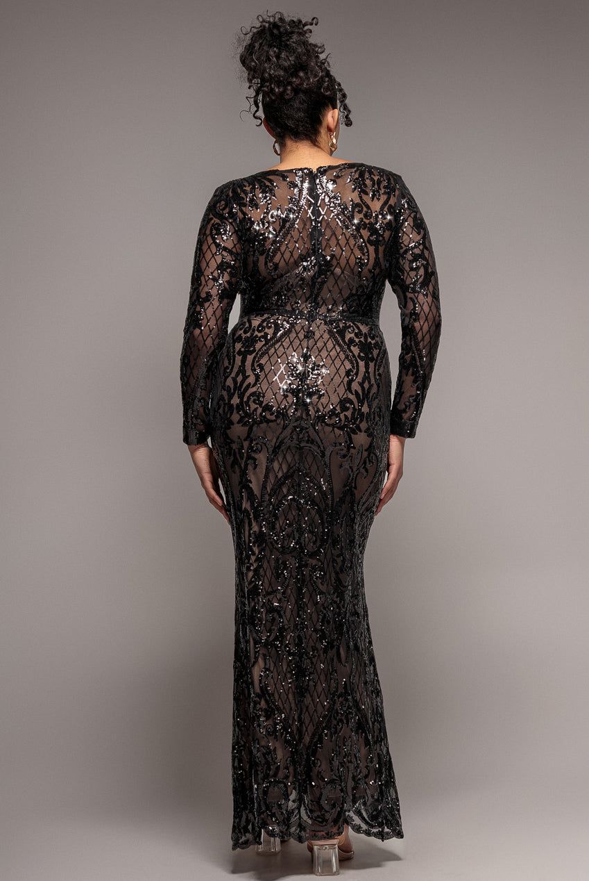 Goddiva Sequin Square Neck Maxi With Scallop Hem