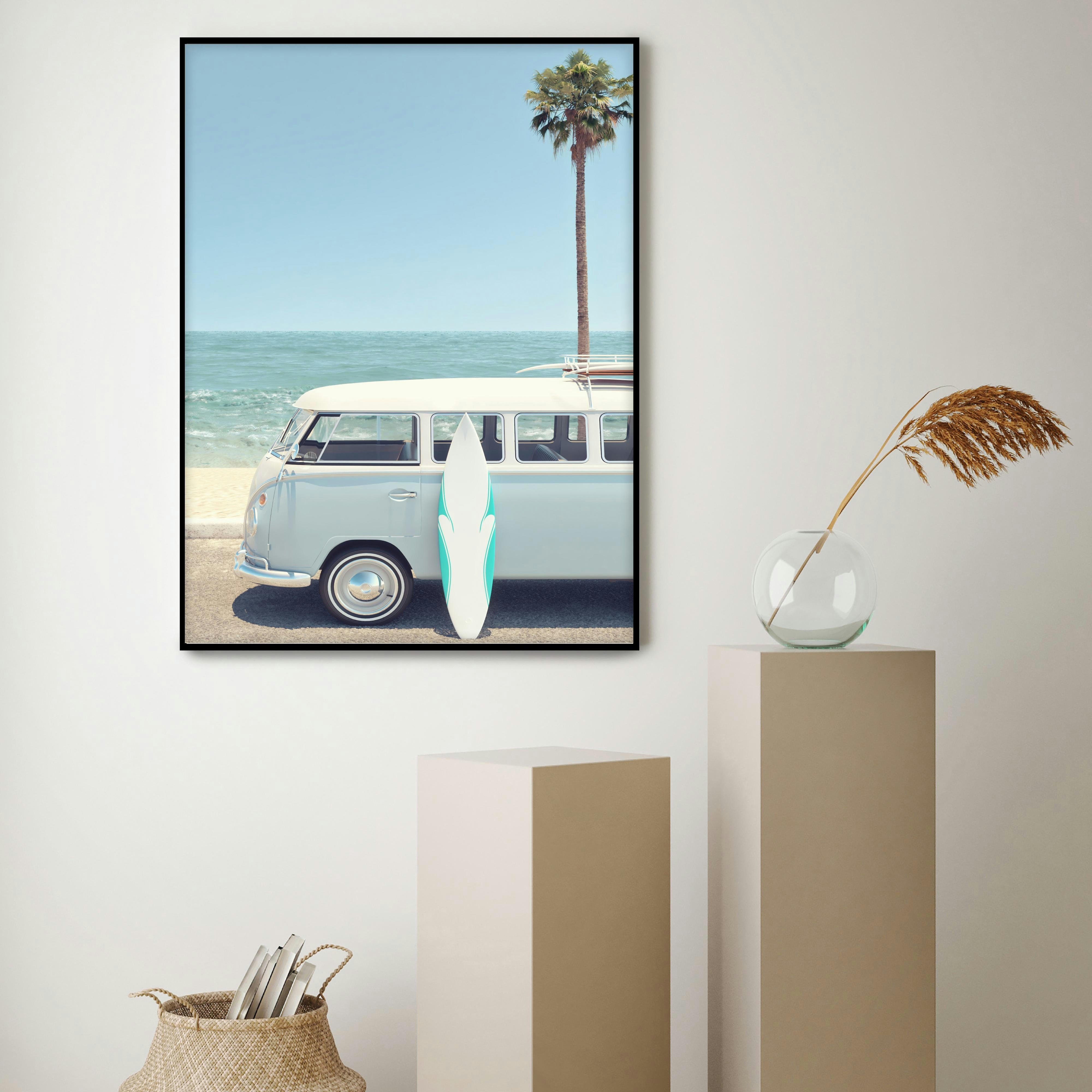 PLAYA - Affiche avec cadre noir - Caravane bleue - 50x70