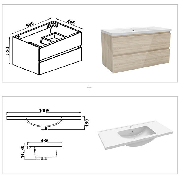 Ensemble meuble salle de bain 100 cm Chêne Wotan brillant avec 2 tiroirs, lavabo céramique simple   2 colonnes, suspendu