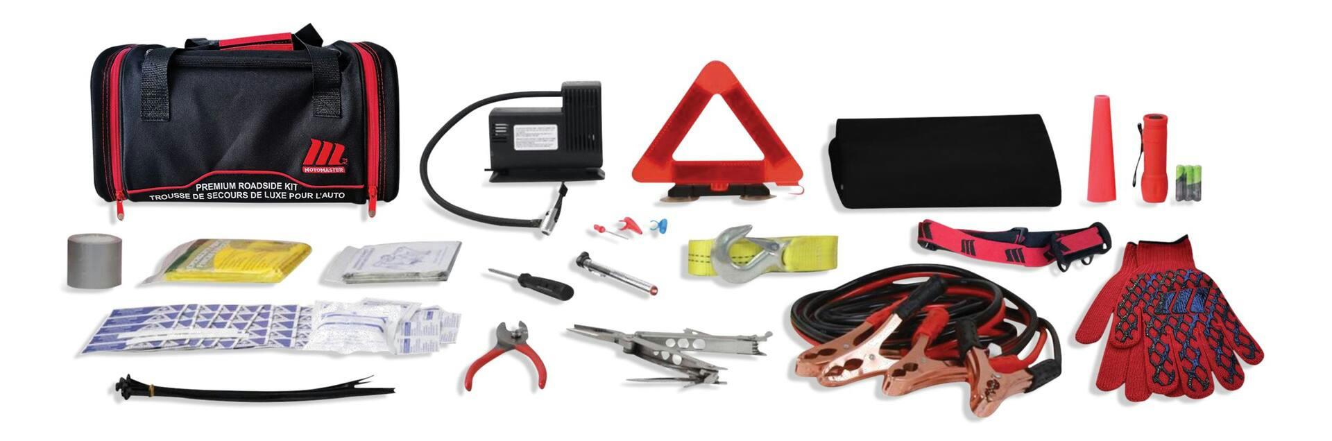 MotoMaster Premium Auto Safety Kit with Booster Cables, Air Compressor and Tow Strap