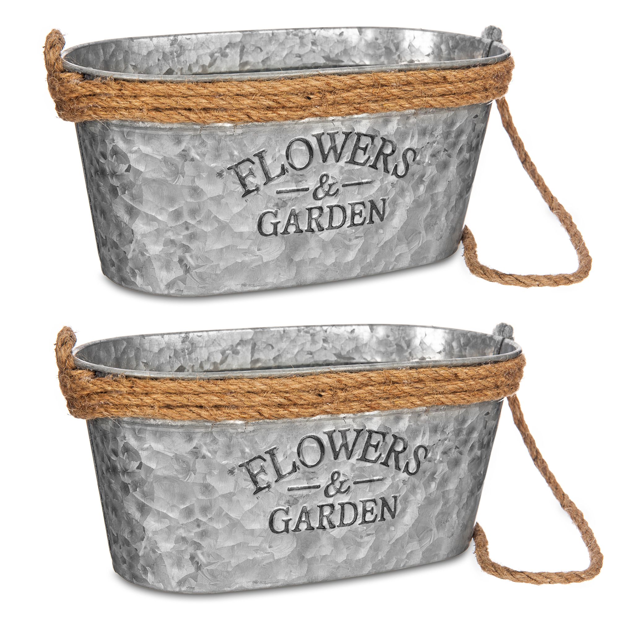 LIVIVO Zinc Hanging Plant Pot Set of 2 Metal Plant Pots with Hessian Rope Indoor Outdoor Planter Rustic Design