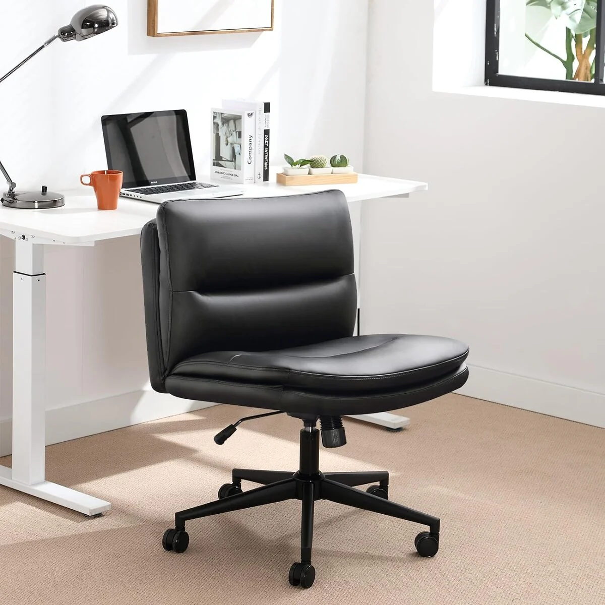 Office Chair Armless Desk Chair with Wheels, PU Padded Wide Seat Home Office Chairs, 120° Rocking Mid Back Cute Computer Chair
