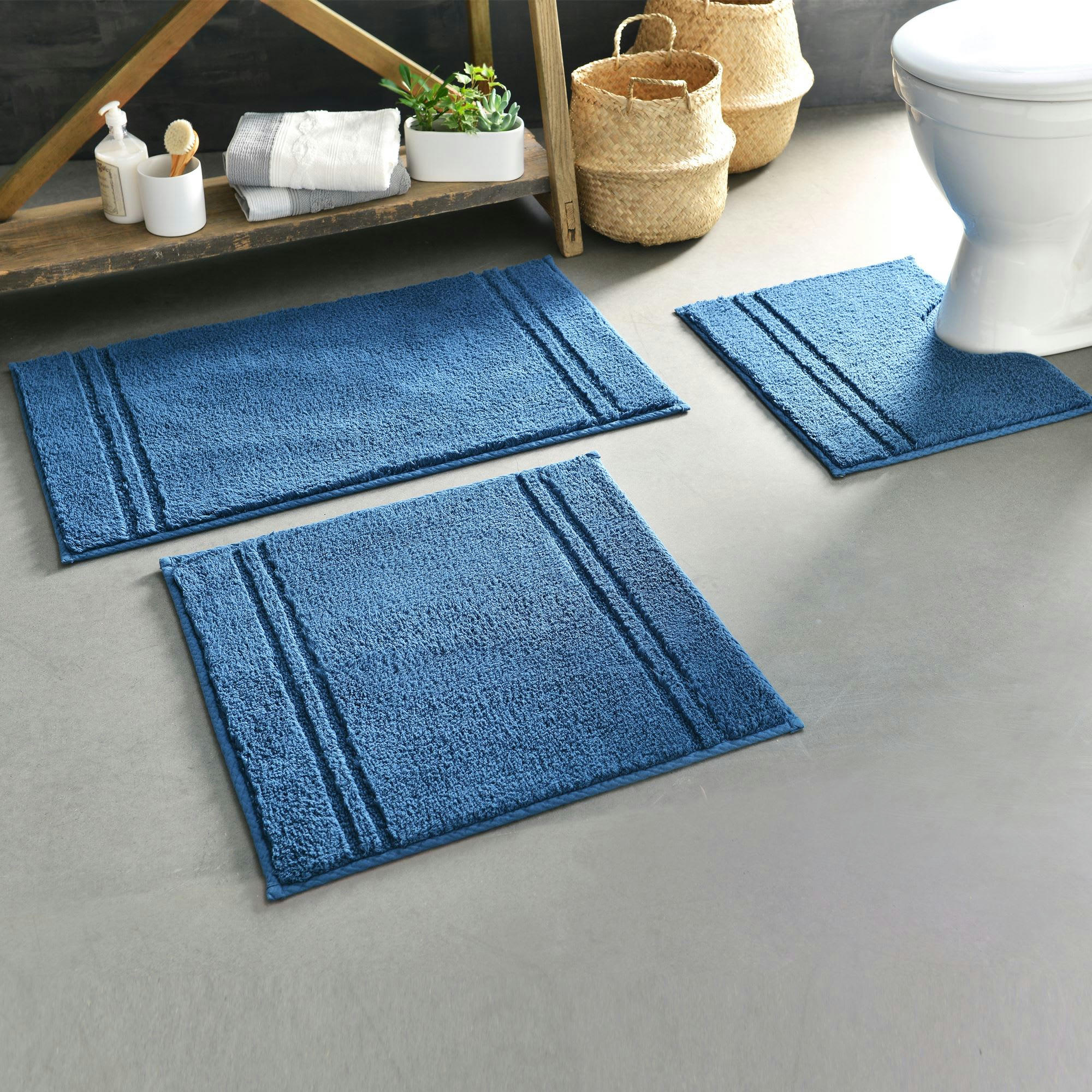 LIGNUS - Tapis contour wc 50x45 bleu indigo en coton