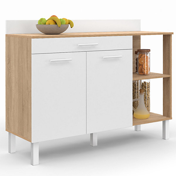 Buffet bas de cuisine 120 cm CINA plan de travail H.83 cm 2 portes   tiroir façon hêtre et blanc
