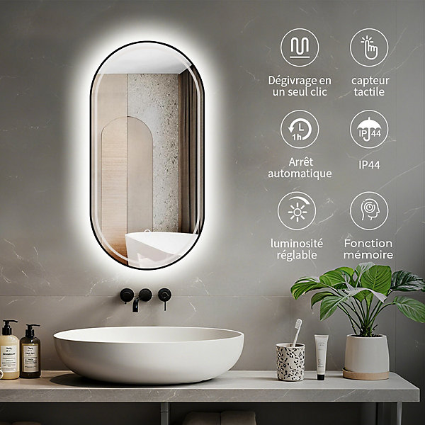 Miroir rectangle arrondi LED 50x100 cm lumière réglable 2700 6000K, antibuée et cadre aluminium noir