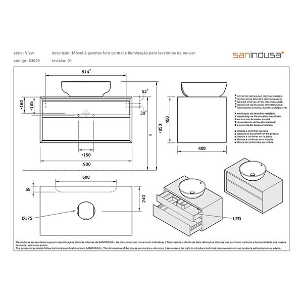 Meuble de salle de bains suspendu 2 tiroirs slow close organiseurs éclairage SANINDUSA View 90x45 trou pour vidage couleur noyer