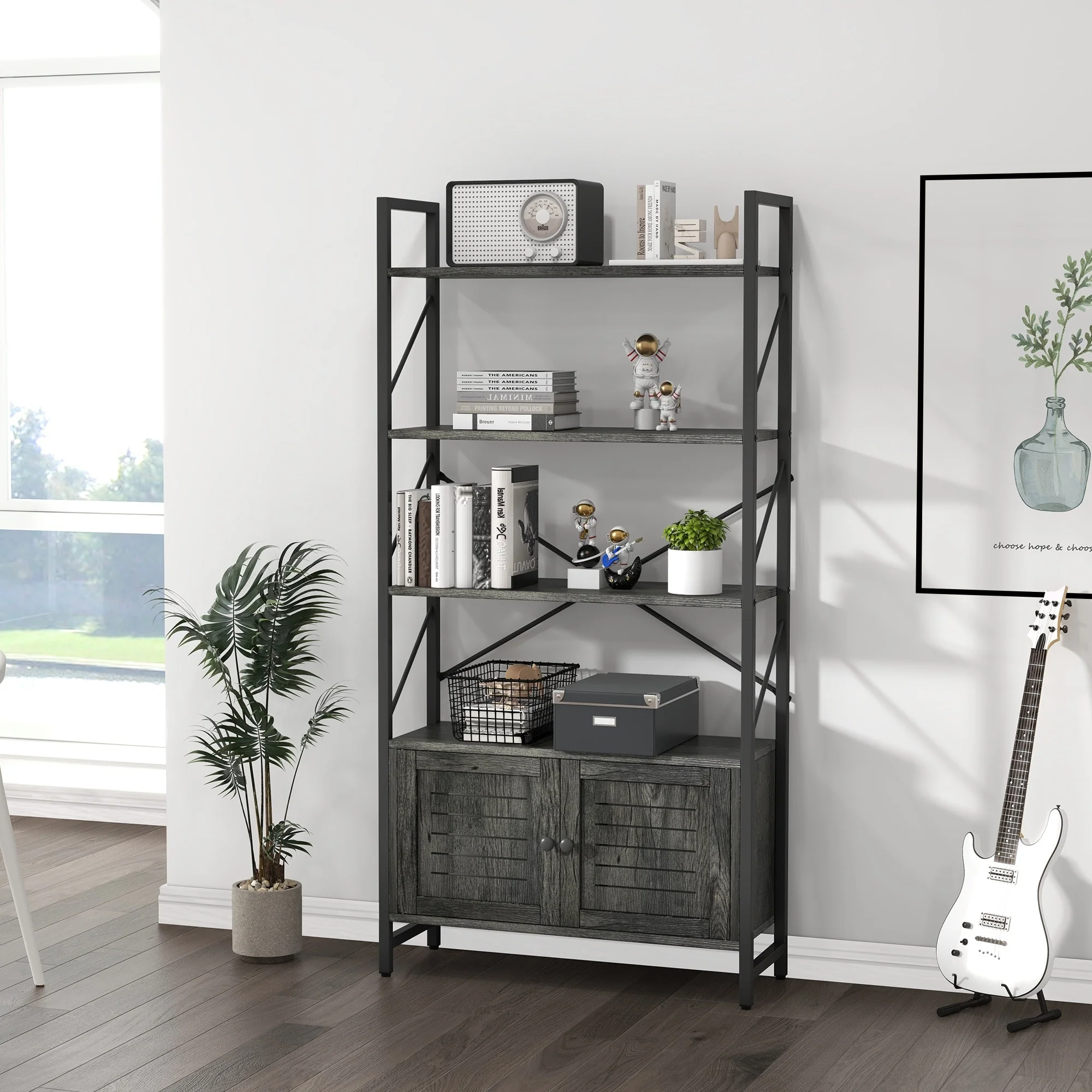 Moasis Industrial Bookshelf with 2 Doors 5-Tier Display Bookcase with Open Shelf