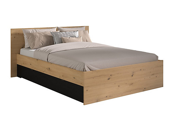 Lit pont 140 x 190/200 cm avec rangements - Avec LEDs - Coloris : Naturel et noir   Sommier   Matelas - VARLY