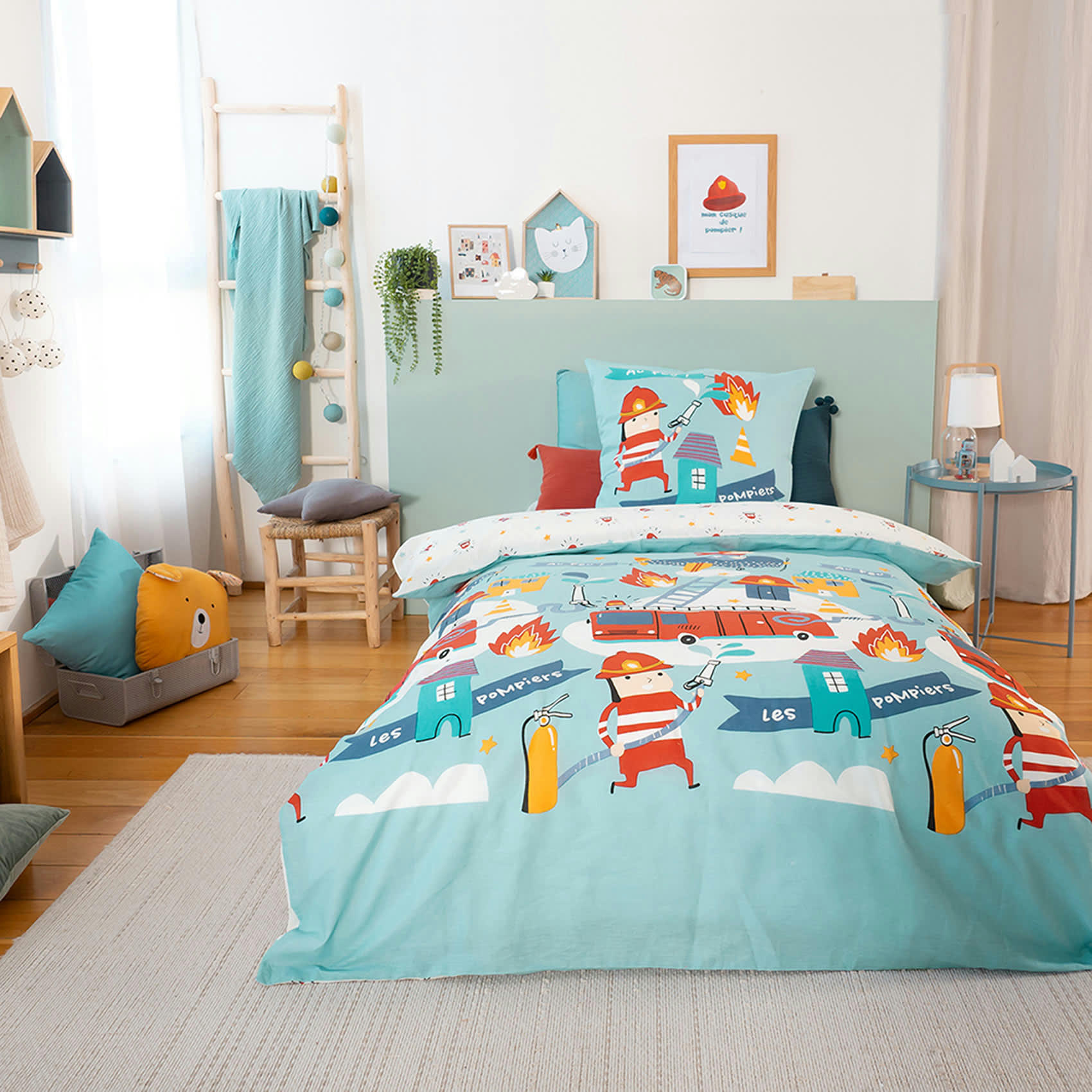 - Parure de lit pompiers coton bleu ciel 140x200 cm