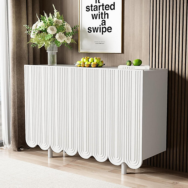 Buffet blanc à 4 portes, commode moderne en forme de goutte, 120 x 80,8 x 37,5 cm