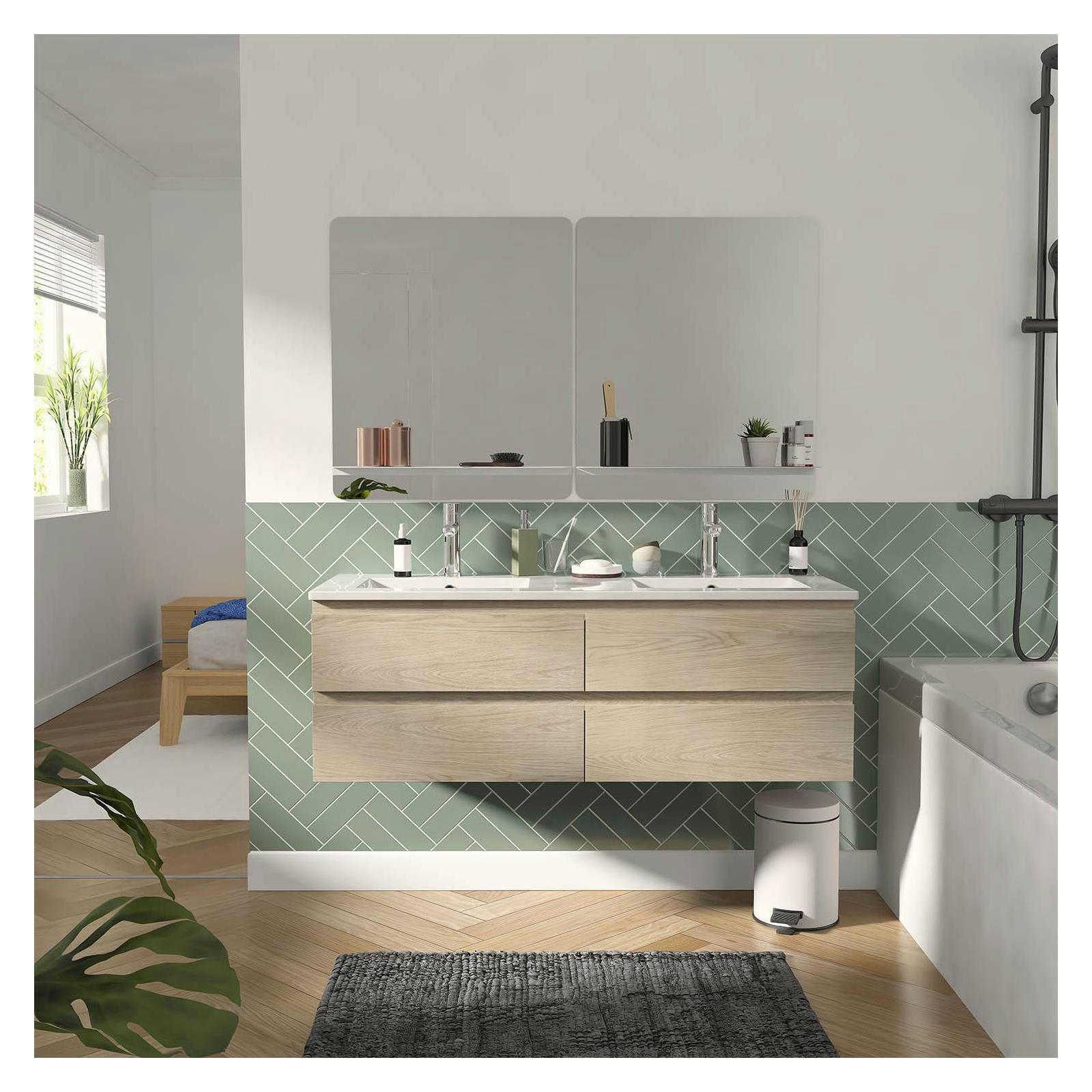 SORRENTO - Meuble double vasque 120cm avec plan céramique  Décor chêne + miroir
