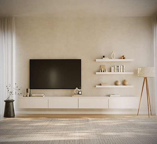 Meuble TV mural blanc avec 4 abattants 300 cm BEMMI