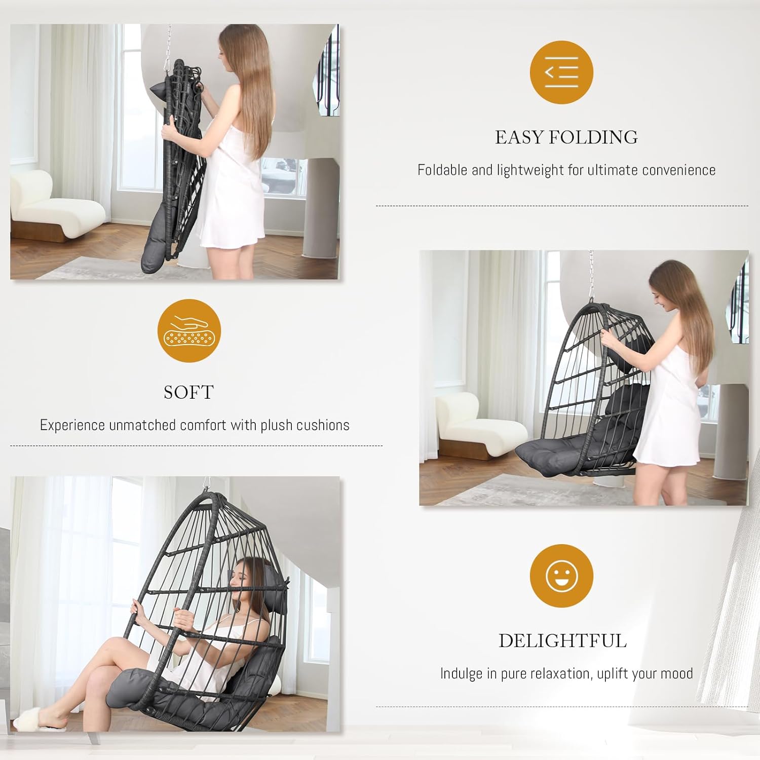BULEXYARD Outdoor Egg Chair Without Stand, 350 Lbs Foldable Weather-Resistant Rattan Hanging Hammock with Cushion, Cozy Swing Basket Seat for Bedroom Balcony Patio Pergola Tree Mount, Dark Grey