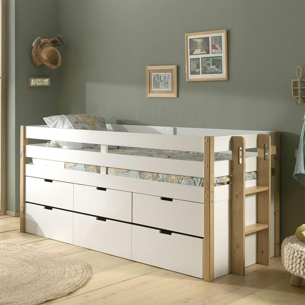 OLAF - Lit  gigogne surélevé 90x200cm à tiroirs blanc et bois