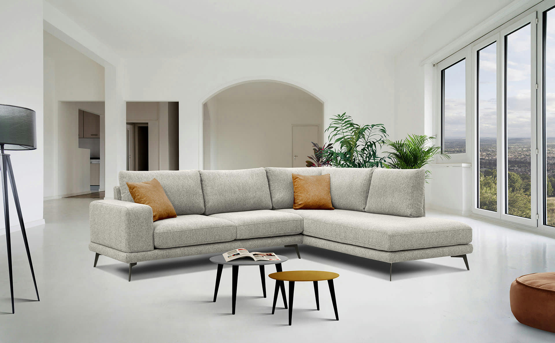 MEDIOLANE - Canapé d'angle droit 5 places tissu beige