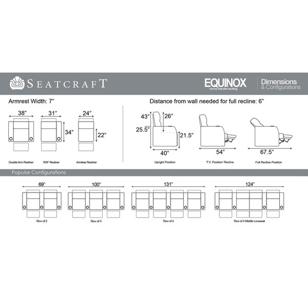 Seatcraft Equinox Leather Home Theater Seating Power Recline with Powered Headrest and Lumbar Support Black Row of 2