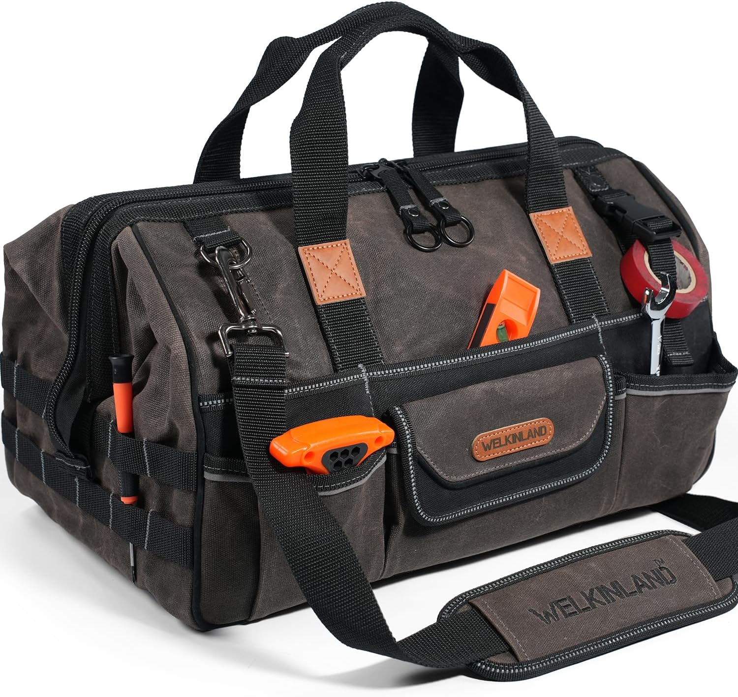 WELKINLAND 18 Inch Waxed Canvas Tool Bag, Heavy-Duty Electrical Tool Bag, Large-Opening 28-Pocket Tools Bag, 36L Tool Bags For Men, Quick-Access HVAC Tools Bags