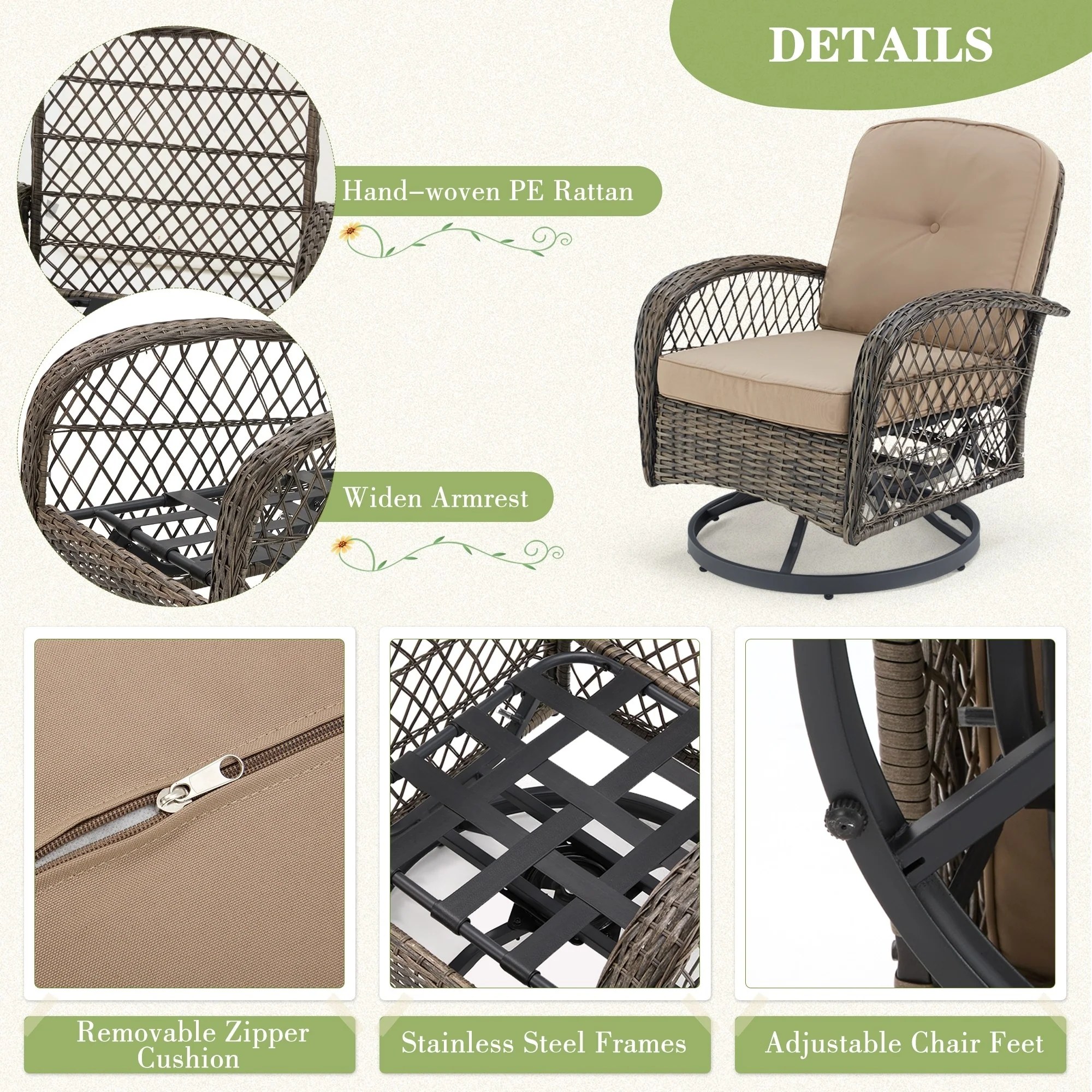 Erommy Outdoor 360° Swivel Rocking Patio Chairs Set with Thickened Cushions, Tempered Glass Coffee Table for Backyard, Garden