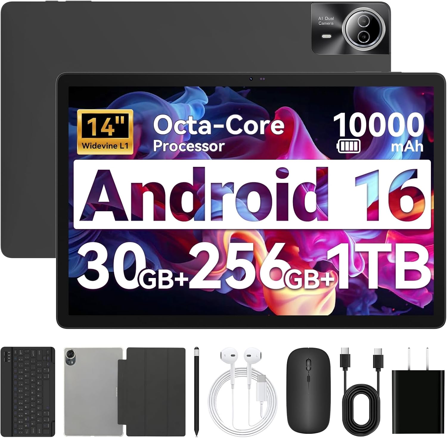 URAO Tablet｜14 inch Android 16 Tablet｜30GB RAM 256GB ROM｜1920 * 1200 IPS FHD｜10000mAh 30W Fast Charging｜Octa-core Processor｜Wi-Fi 6, BT 5.4｜Dual Camera with Keyboard｜Mouse｜Stylus｜Case｜Headphone