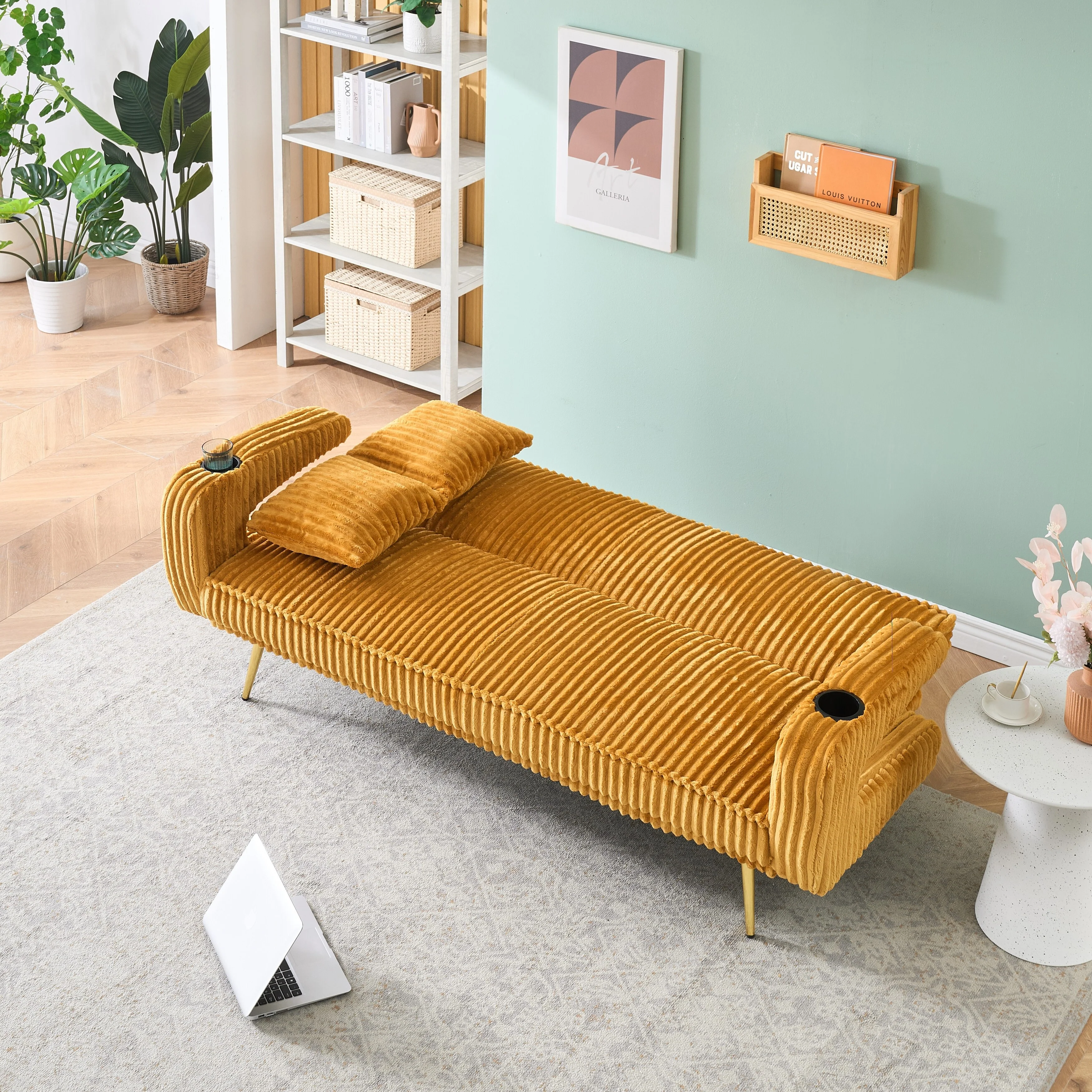 Straight-Row Corduroy Sofa With Throw Pillows, Featuring A Minimalist Style