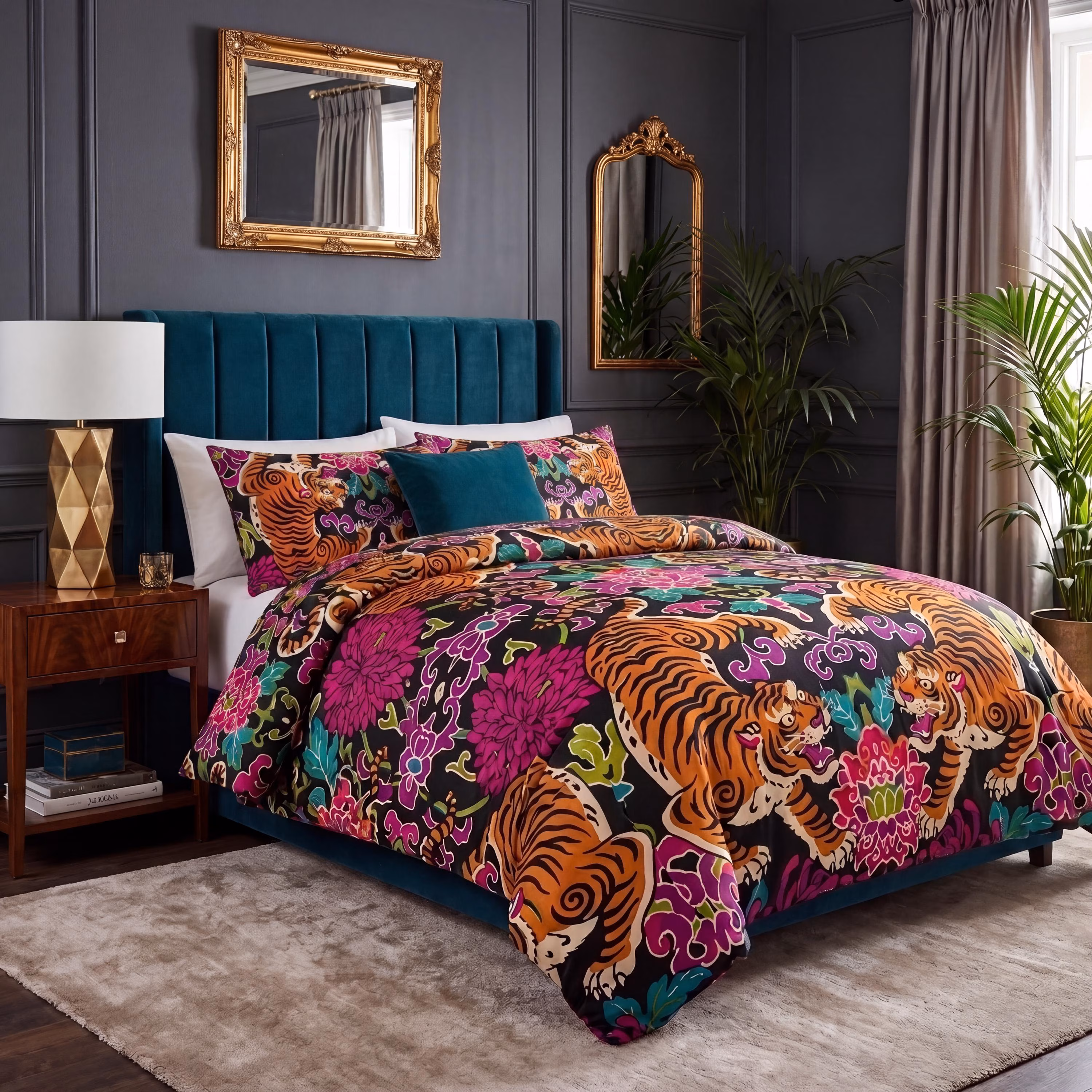 Tiger Chinoiserie Bedding | Maximalist Exotic Duvet Cover | Italian Cotton Sheet Set | Duvet Cover | Sheet Set