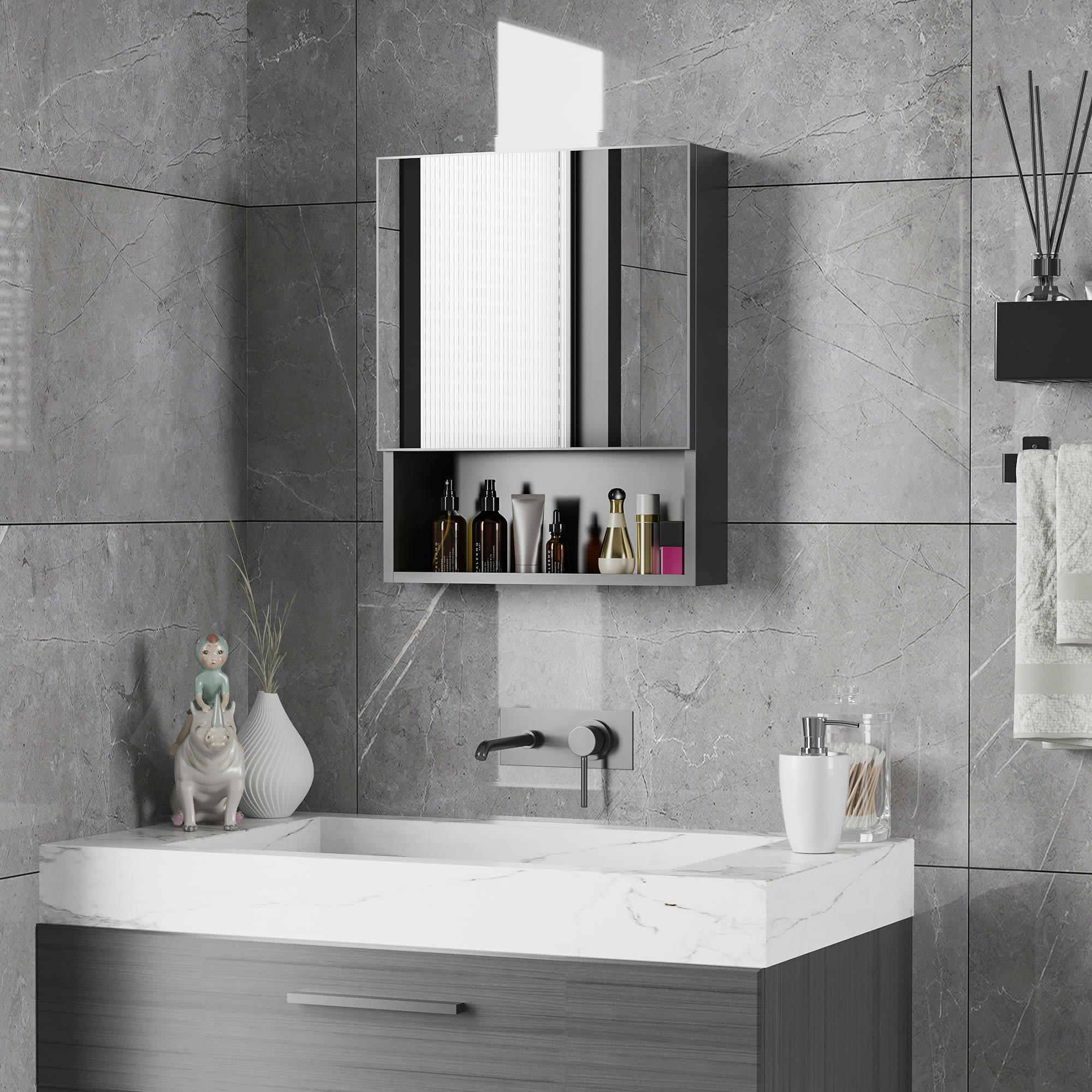 - Armoire murale salle de bain porte miroir étagère niche acier noir