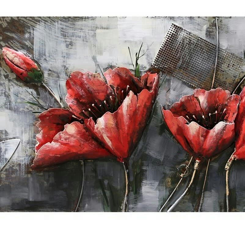 MÉTAL BRASS - Tableau relief en métal coquelicot rouge 120x60