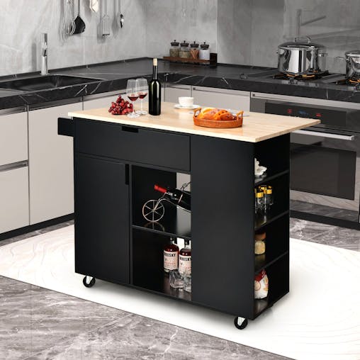 NNECW Drop-Leaf Rolling Kitchen Island with Rubber Wood Top