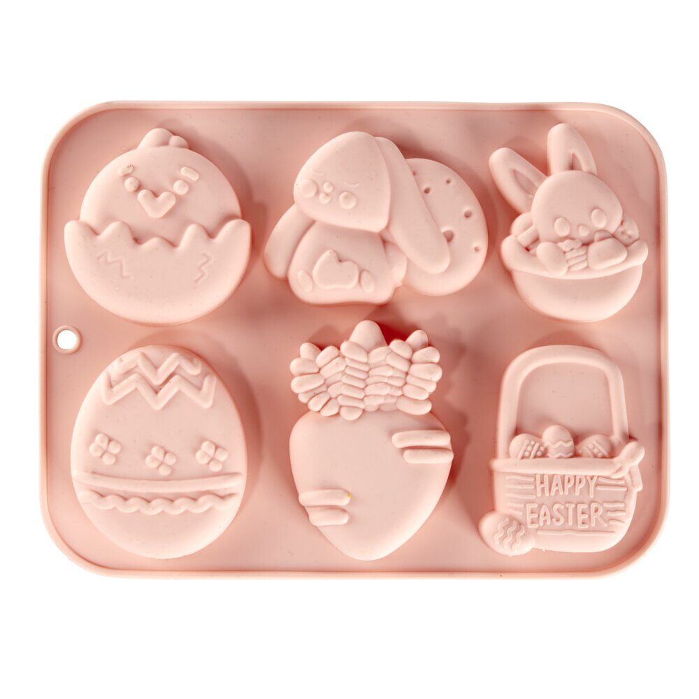 Moule thème Pâques 6 emplacements silicone rose 15x19,5cm