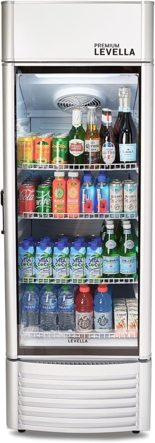 PremiumLevella PRF90DX Glass Door Display Refrigerator 9.0 cu ft Commercial Beverage Cooler Merchandiser With Customizable Lightbox - Silver