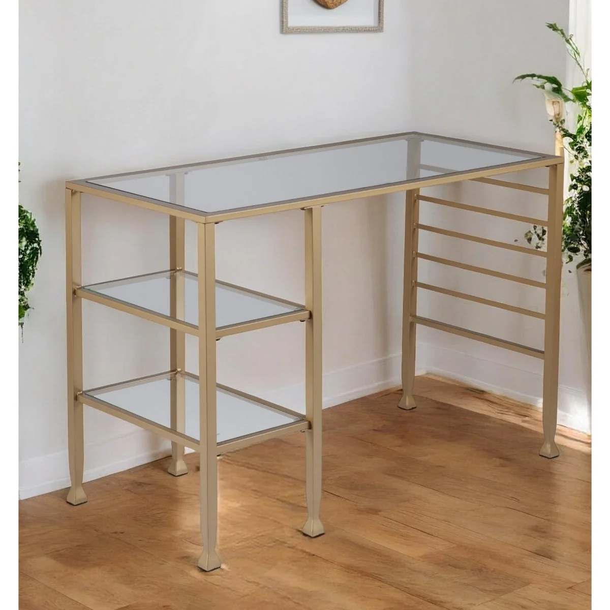 Clear Glass Gold Metal Writing Desk with Shelves and Storage Rails 43 inches