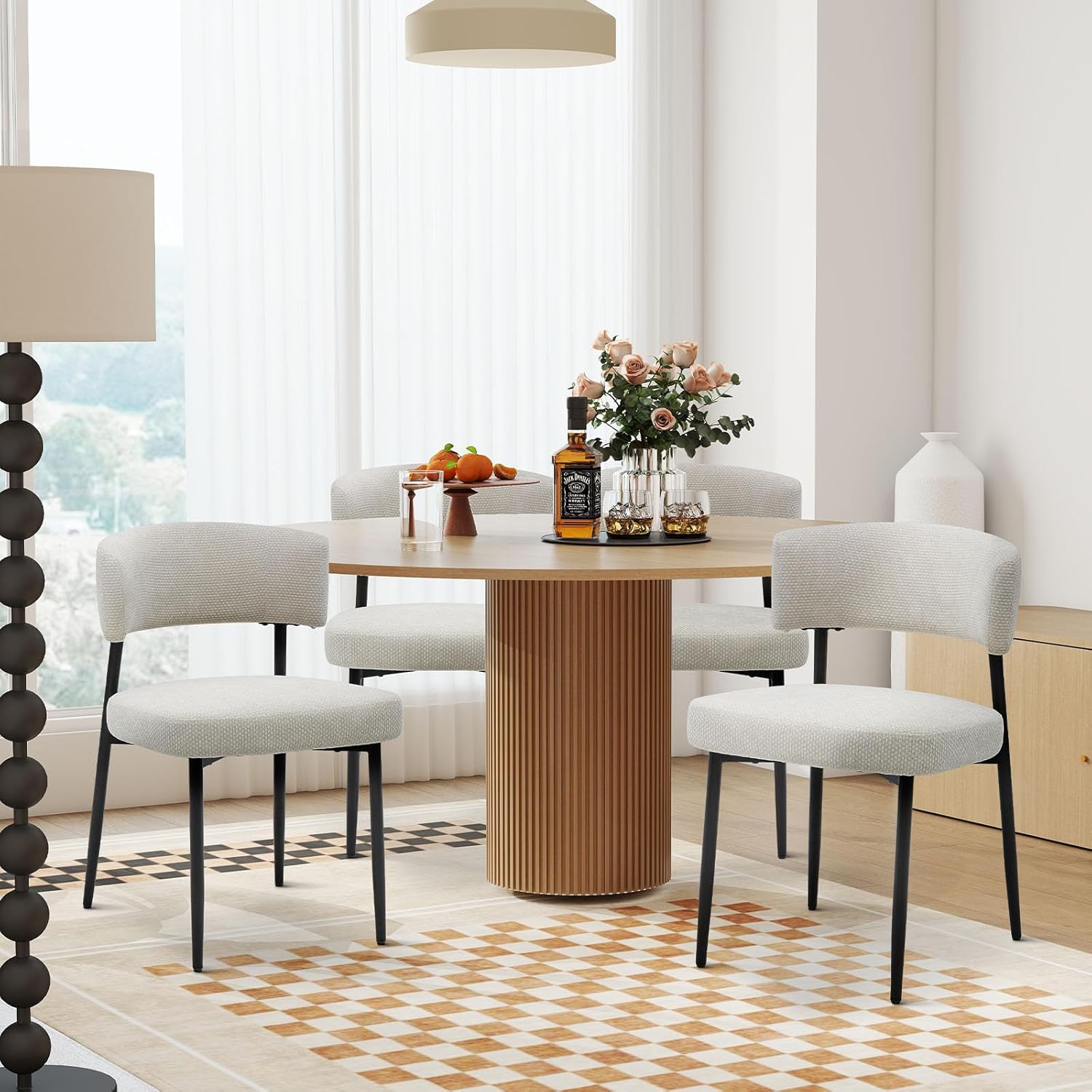 DUMOS Dining Chairs Set of 4, Mid Century Modern Chair Round Upholstered Curved Backrest, Kitchen Vanity Living Room Chairs with Black Metal Legs, Beige