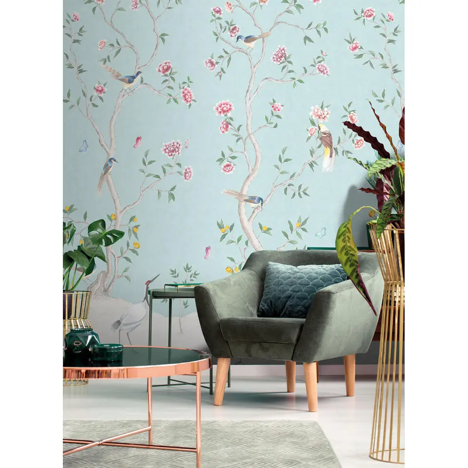Sanders & Sanders fotobehang bloemen en vogels lichtblauw - 159 x 280 cm