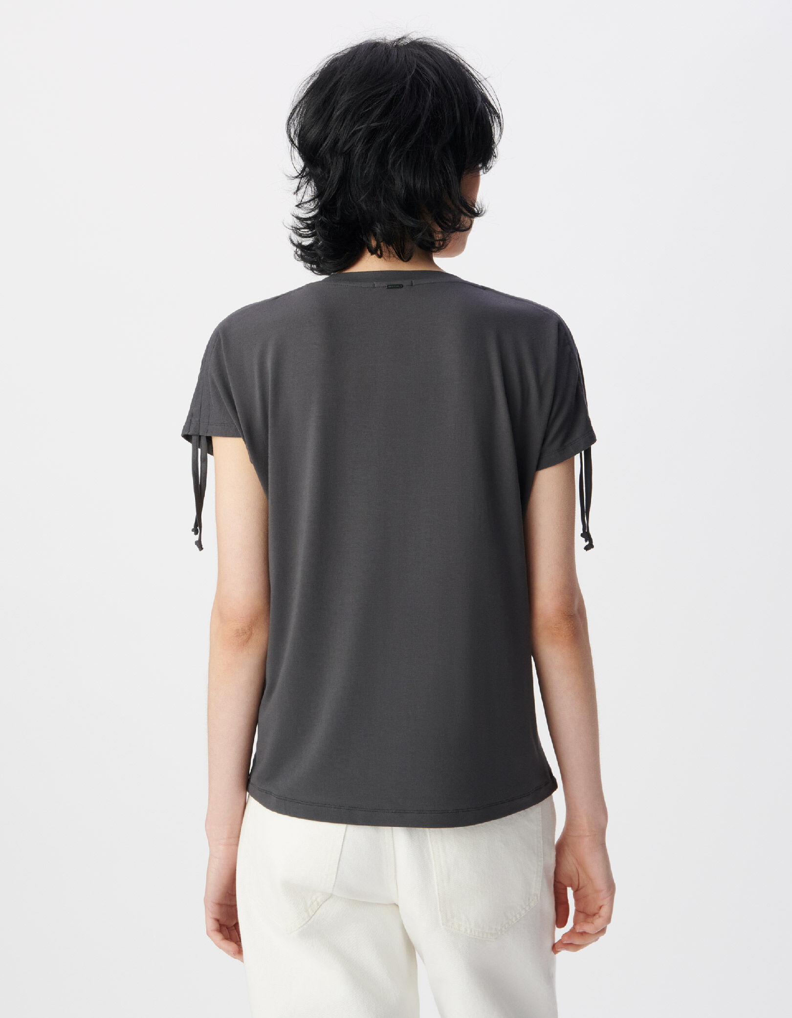 Tee-shirt col V gris motif bouche effet python Femme