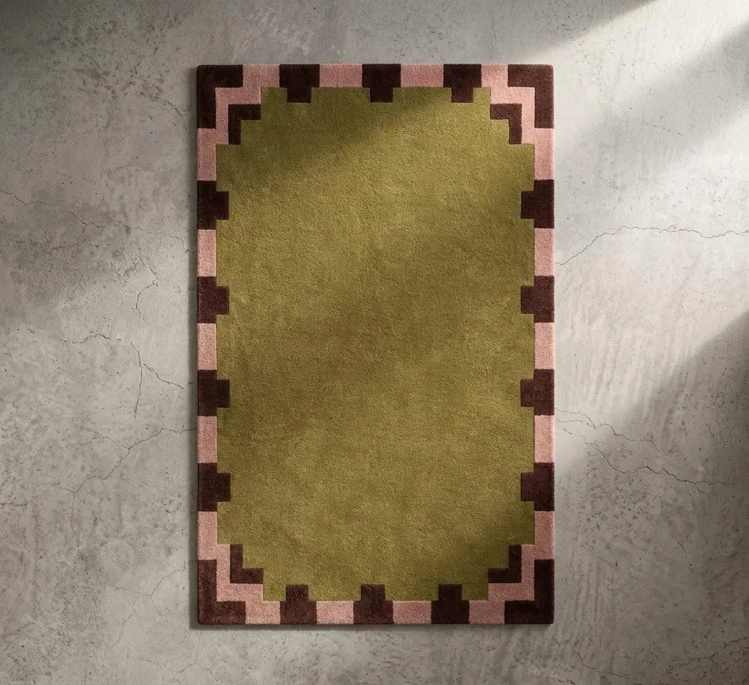Hand Tufted Wool Rug, Modern Geometric Border Area Carpet, Green Burgundy Living Room