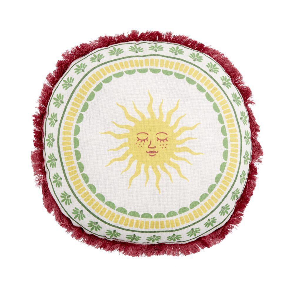 Coussin rond lin motif estival bord à franges Ø40cm (2 modèles soleil ou palmier)