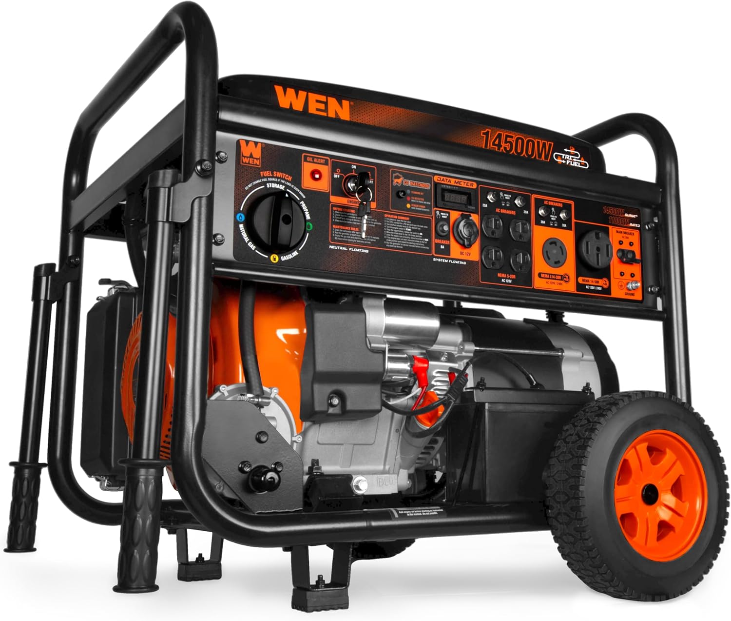 WEN 14 500-Watt 120V/240V Tri-Fuel Generator for Gas  Propane  and Natural Gas  Transfer-Switch Ready with Electric Start  Wheel Kit  and CO Watchdog (TF1450X)